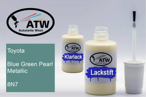 Toyota, Blue Green Pearl Metallic, 8N7: 20ml Lackstift + 20ml Klarlack - Set, von ATW Autoteile West.